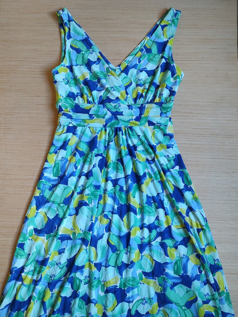 Pappagallo Asymmetrical Hem Midi Dress Stretch Sleeveless Blue Green Yellow S